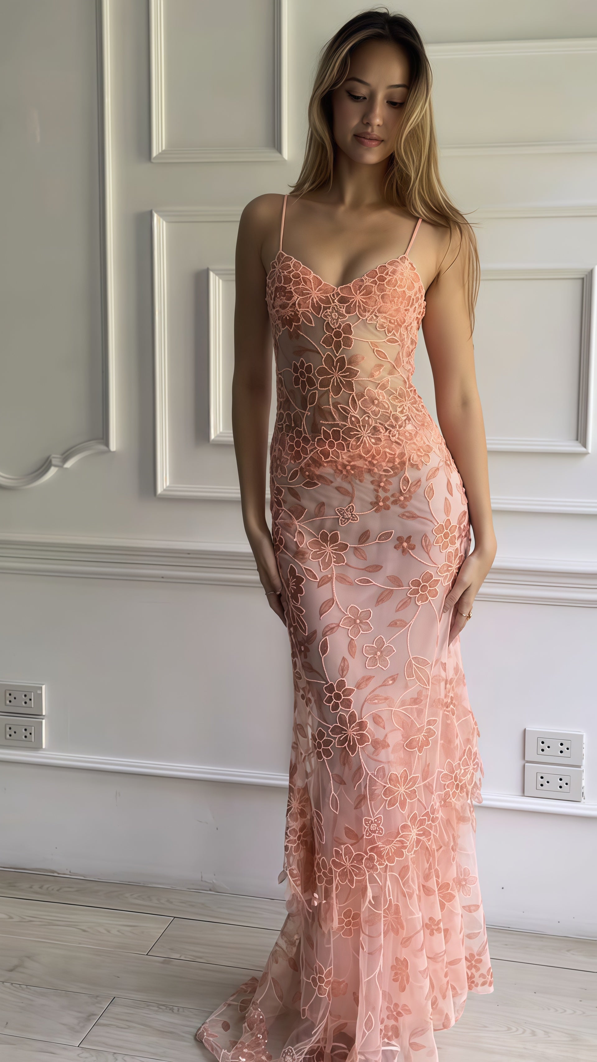 Spaghetti Straps Floral Party Dress, Pink Classy Evening Classy Prom Dress