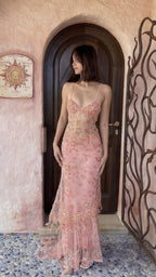 Spaghetti Straps Floral Party Dress, Pink Classy Evening Classy Prom Dress