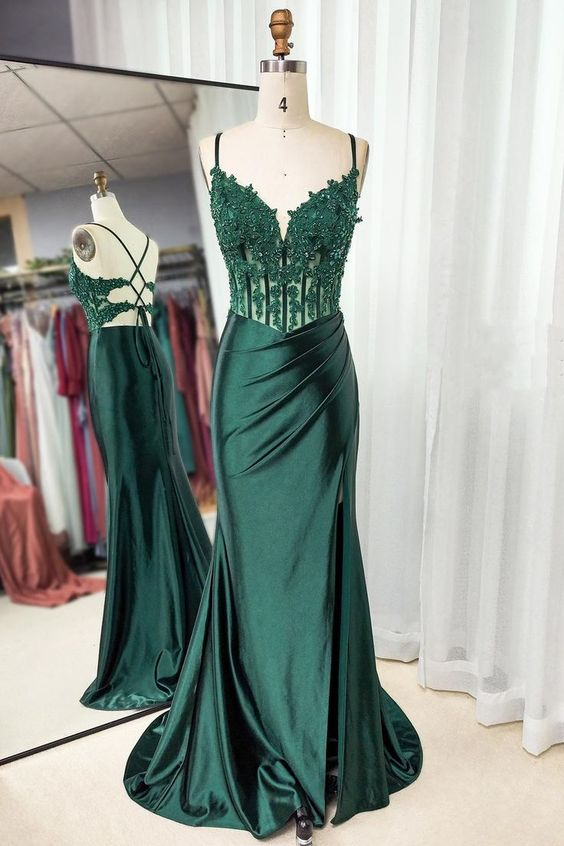 Spaghetti Straps Green Mermaid Classy Prom Dress With Slit Satin Classy Dress