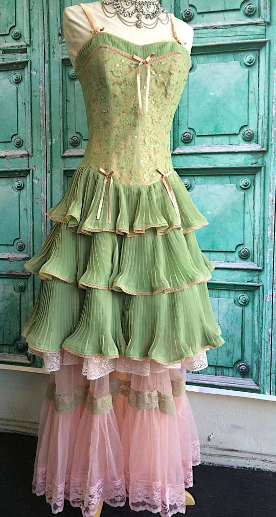 Green Pink Sweet Spaghetti Strap Layered Long Lace Tulle Ball Gown Classy Evening Dress Coming Of Age Ceremony Dress