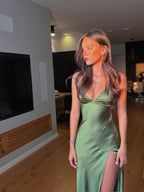 Spaghetti Straps Green Sexy Classy Prom Dress Long Classy Evening Dress With Split