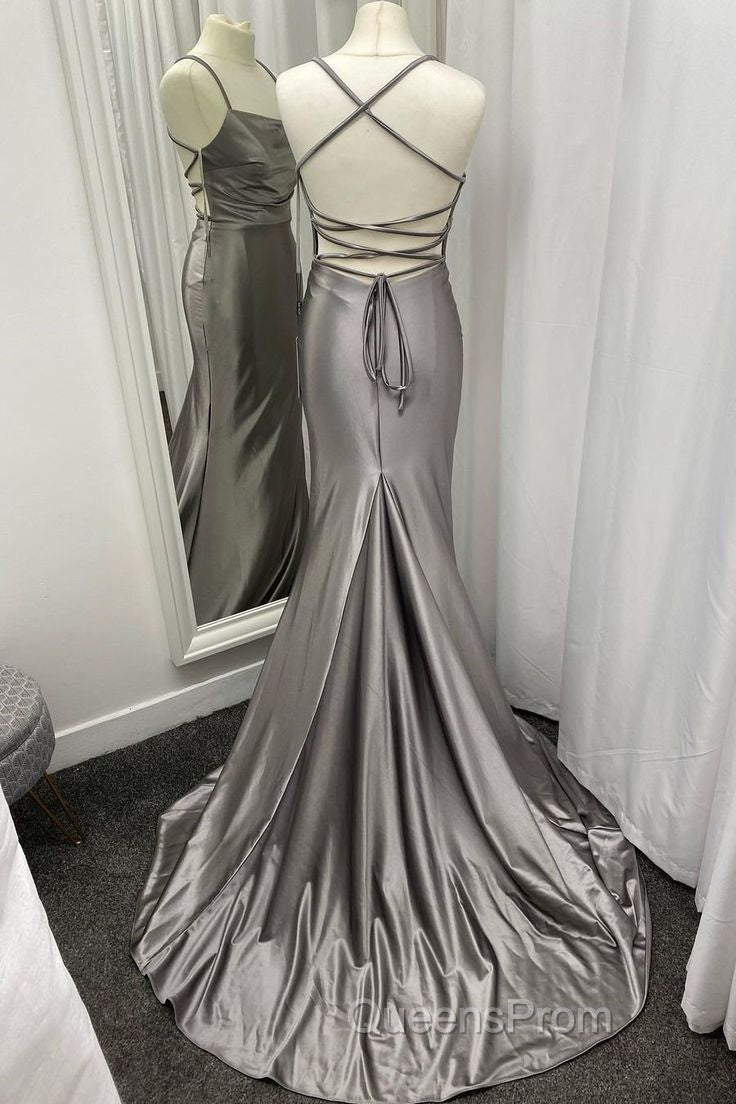 Spaghetti Straps Grey Mermaid Satin Long Evening Prom Dress Secondary image