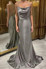 Spaghetti Straps Grey Mermaid Satin Long Evening Prom Dress