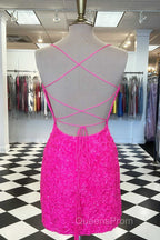 Spaghetti Straps Hot Pink Bodycon Mini Dress,Graduation Dress