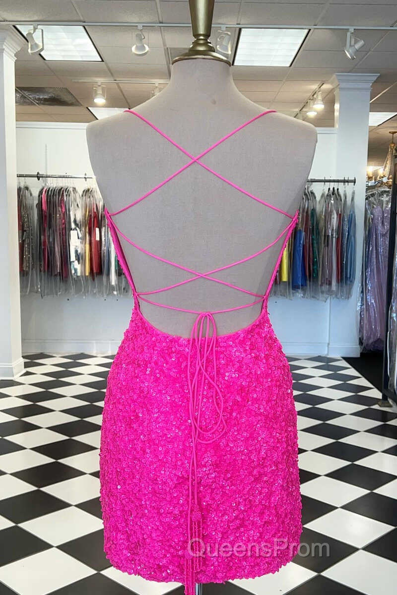Spaghetti Straps Hot Pink Bodycon Mini Dress,Graduation Dress