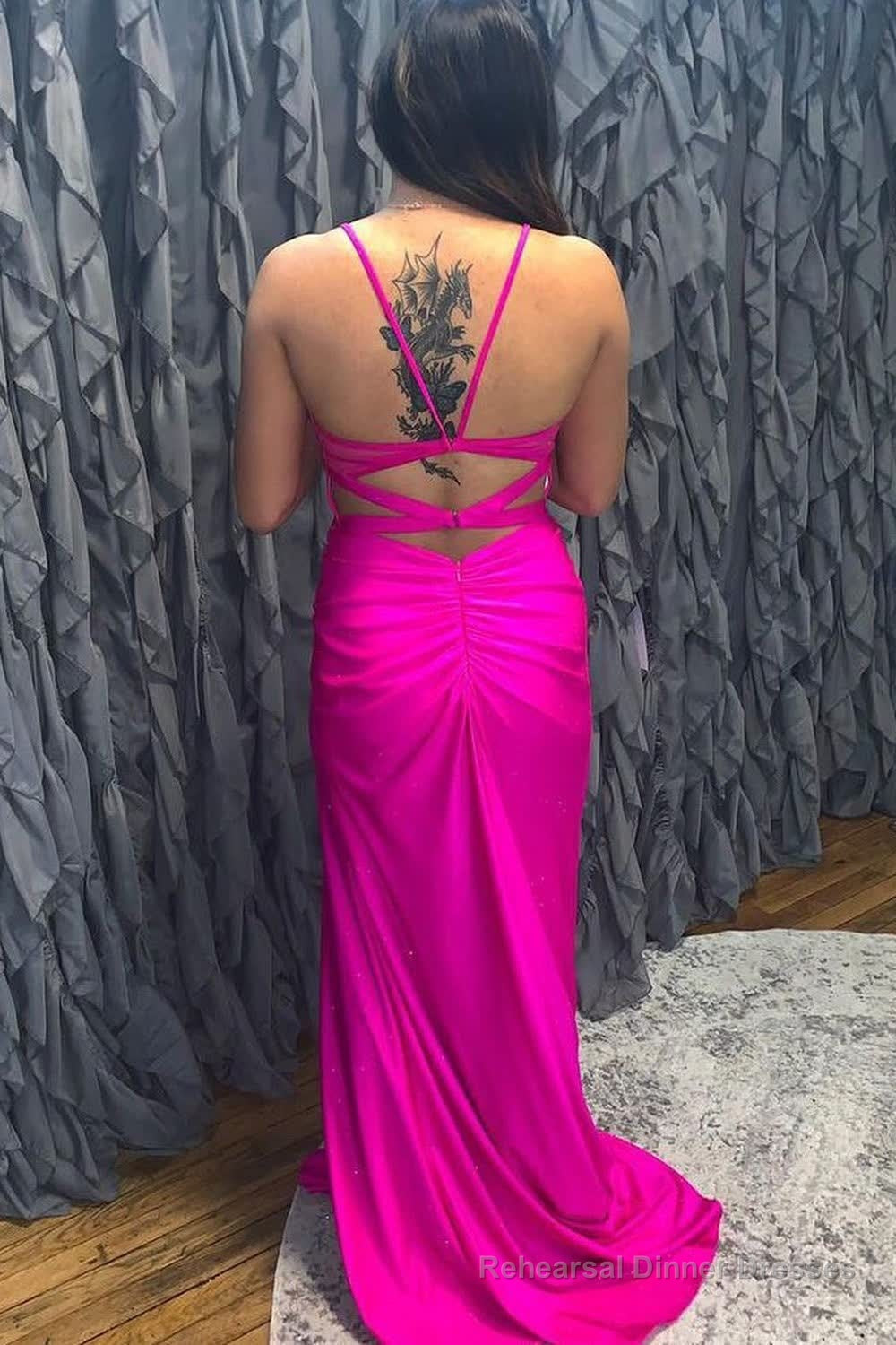 Spaghetti Straps Hot Pink Corset Prom Dress with Slit Secondary image