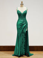 Spaghetti Straps Lace Bodice Long Prom Dress with Slit