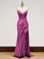 Spaghetti Straps Lace Bodice Long Prom Dress with Slit
