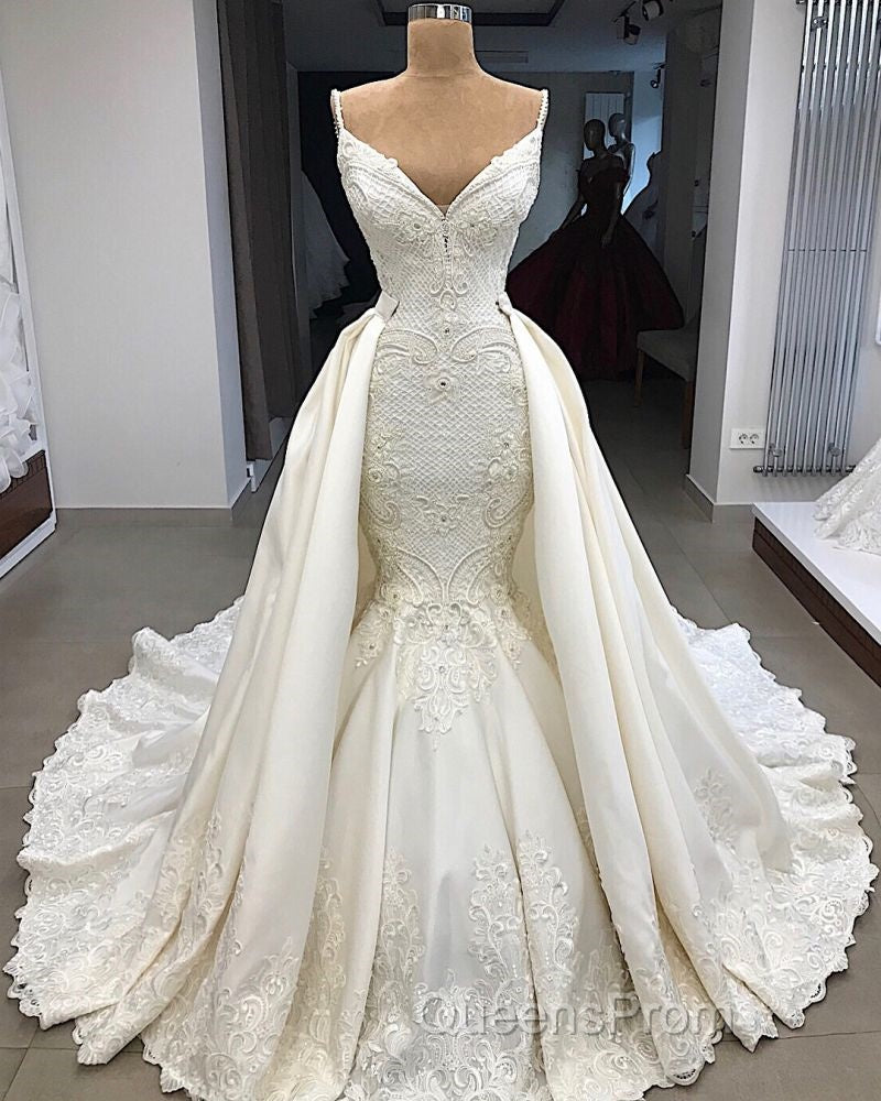 Spaghetti Straps Lace Fit and Flare Wedding Dress Overskirt Appliques Detachable Satin Backless Bridal Gowns