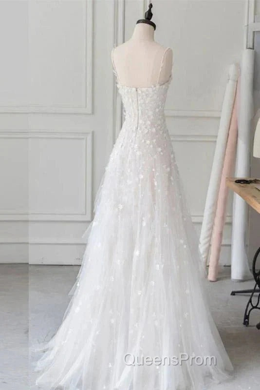 Spaghetti Straps Lace Tulle Floor Length Beads Evening Prom Dress Wedding Dress With Flowers Secondary image