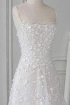 Spaghetti Straps Lace Tulle Floor Length Beads Evening Prom Dress Wedding Dress With Flowers