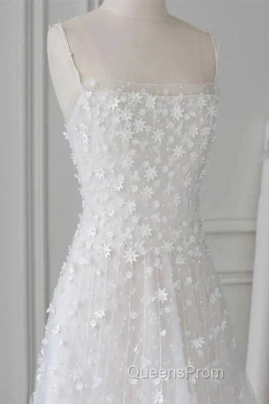 Spaghetti Straps Lace Tulle Floor Length Beads Evening Prom Dress Wedding Dress With Flowers