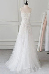 Spaghetti Straps Lace Tulle Floor Length Beads Evening Prom Dress Wedding Dress With Flowers