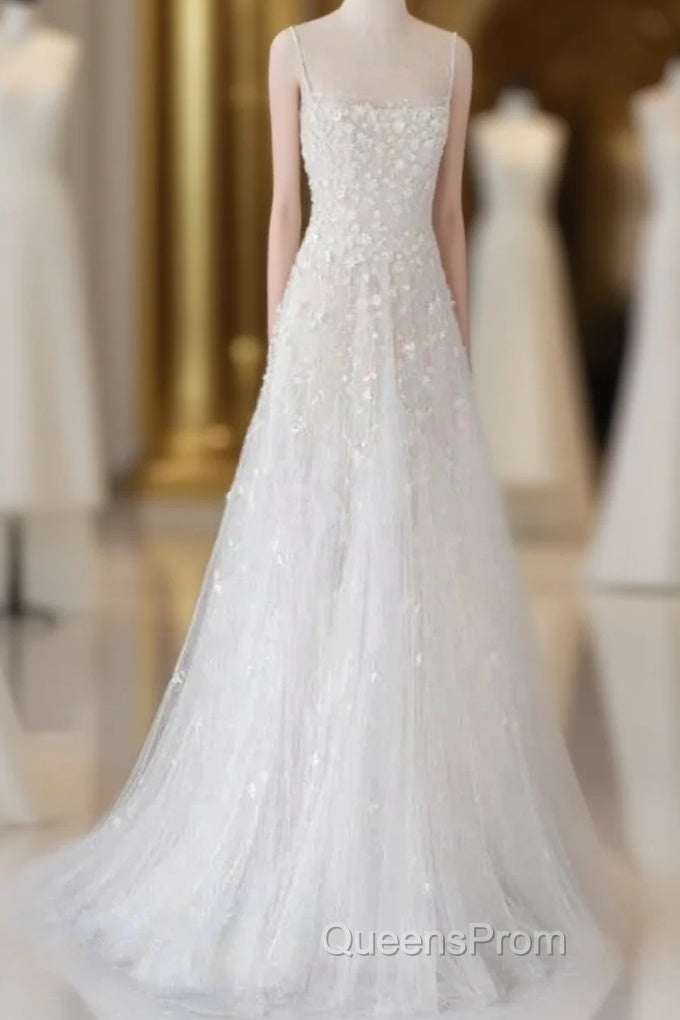 Spaghetti Straps Lace Tulle Floor Length Beads Evening Prom Dress Wedding Dress With Flowers Main image