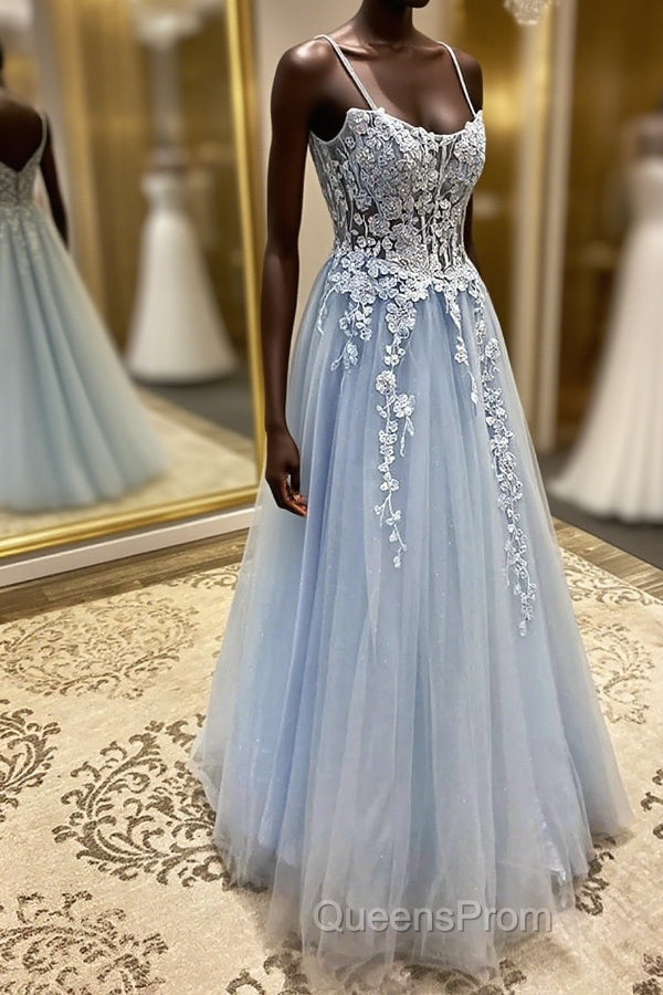 Spaghetti Straps Light Blue Lace Evening Prom Dress, Light Blue Lace Formal Evening Dress Main image