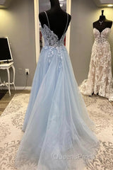 Spaghetti Straps Light Blue Lace Evening Prom Dress, Light Blue Lace Formal Evening Dress