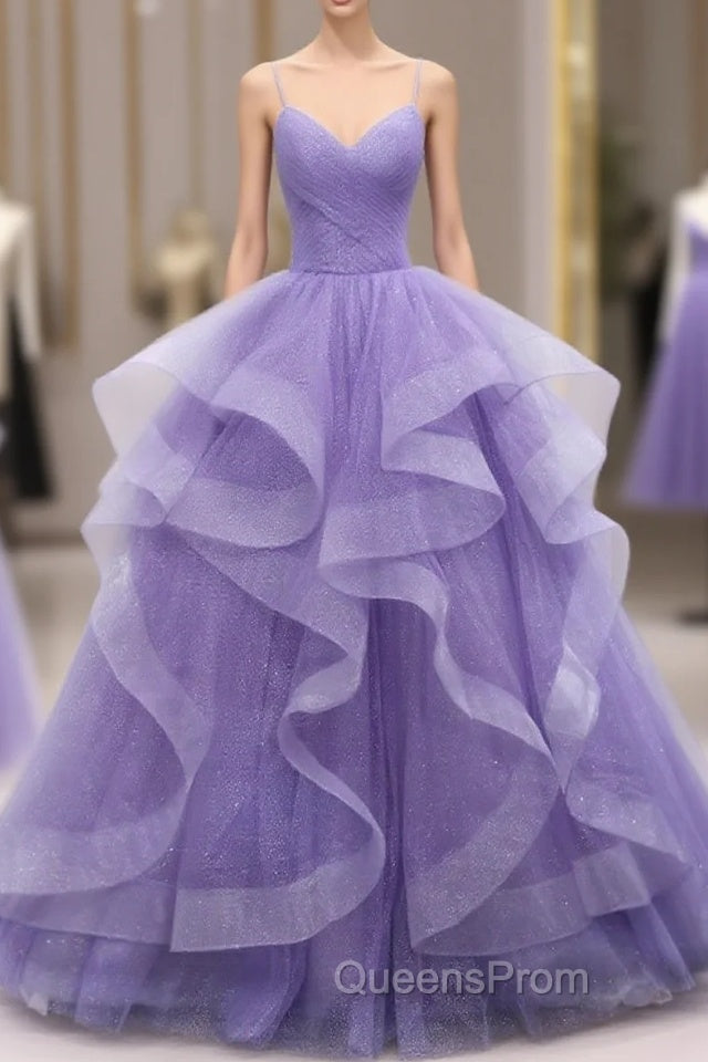 Spaghetti Straps Light Purple Long Evening Prom Dress A Line Layered Birthday Party Dress Main image