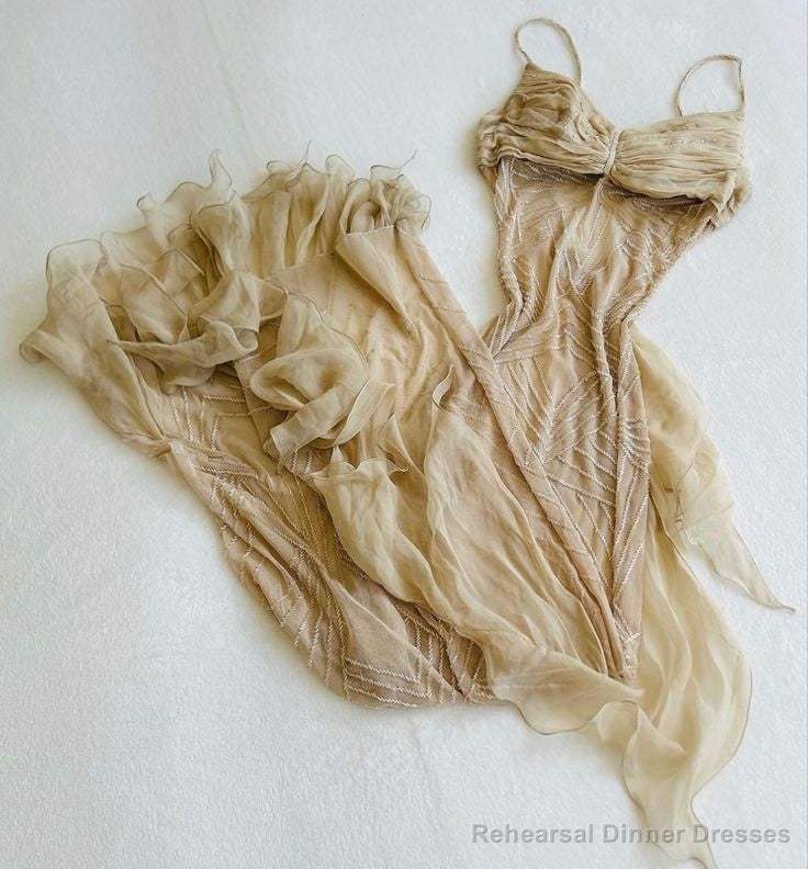 Spaghetti Straps Long Evening Prom Dresses Champagne Dresses