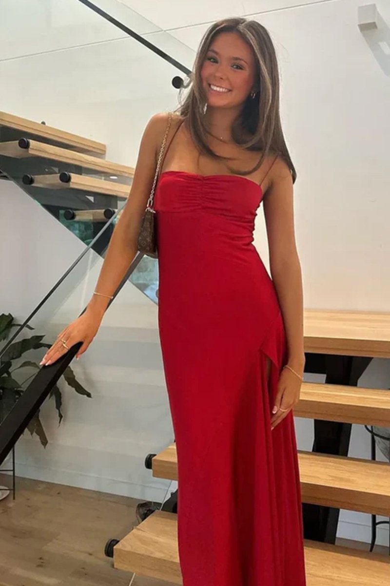 Spaghetti Straps Long Sheath Prom Dress With Split