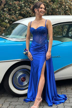 Spaghetti Straps Mermaid Appliqued Prom Dress With Split