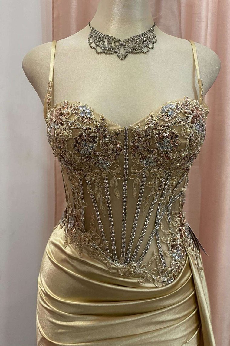 Spaghetti Straps Mermaid Appliqued Prom Dress With Split