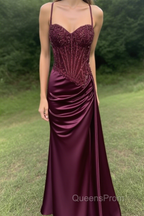 Spaghetti Straps Mermaid Evening Prom Dress Appliqued Corset Evening Prom Dress With Split