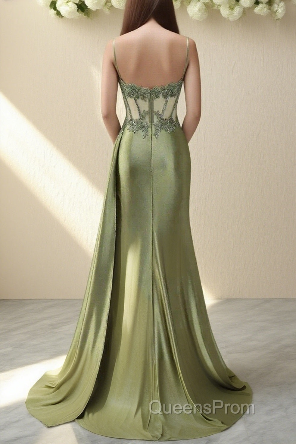 Spaghetti Straps Mermaid Evening Prom Dress Appliqued Corset Evening Prom Dress With Split