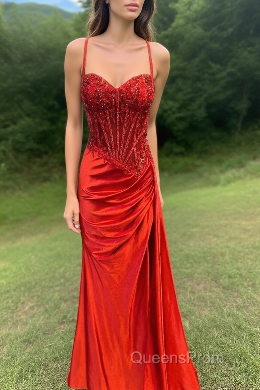 Spaghetti Straps Mermaid Evening Prom Dress Appliqued Corset Evening Prom Dress With Split