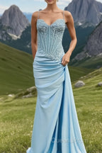 Spaghetti Straps Mermaid Evening Prom Dress Appliqued Corset Evening Prom Dress With Split