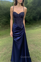 Spaghetti Straps Mermaid Evening Prom Dress Appliqued Corset Evening Prom Dress With Split