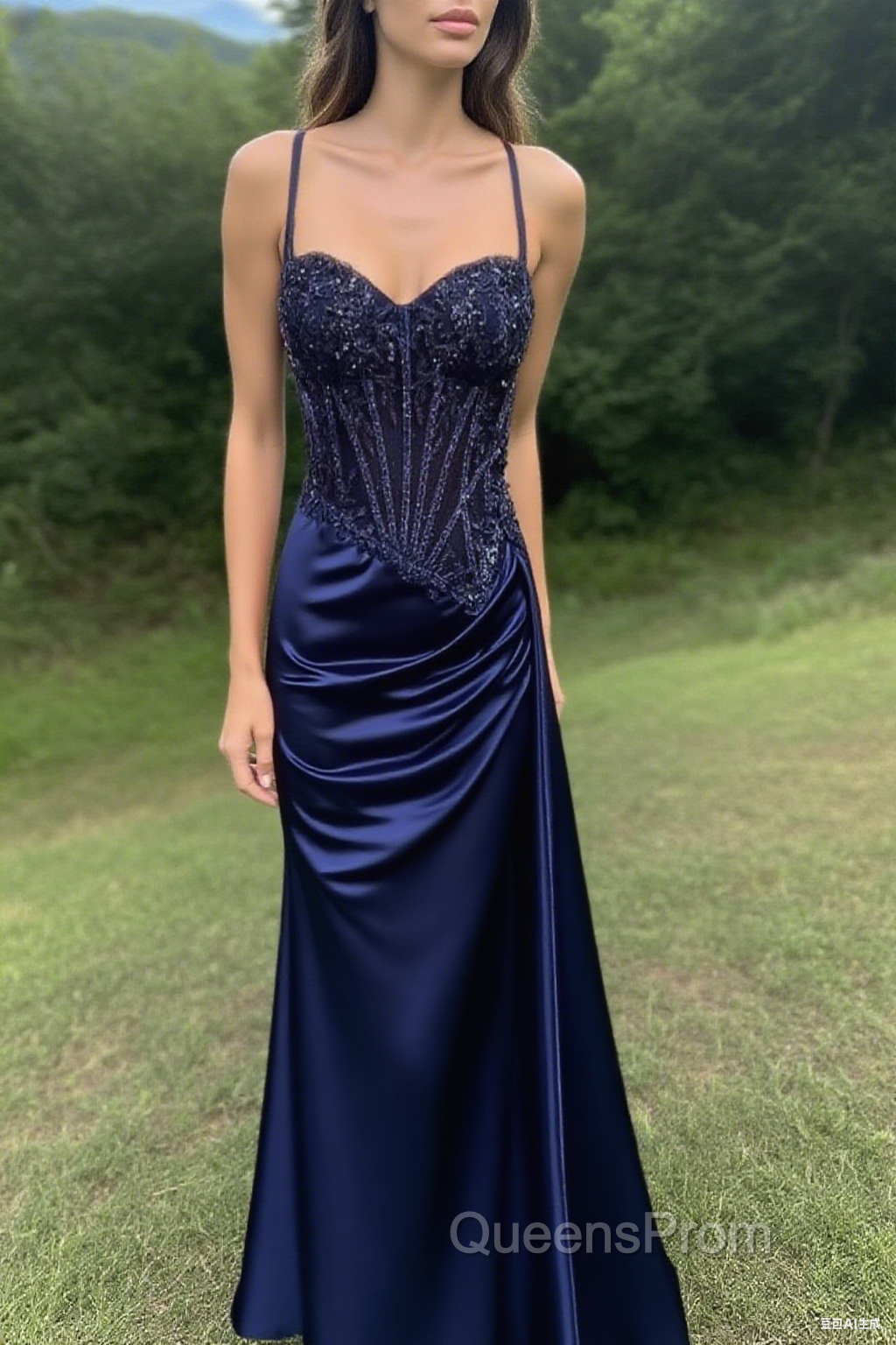 Spaghetti Straps Mermaid Evening Prom Dress Appliqued Corset Evening Prom Dress With Split