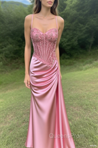 Spaghetti Straps Mermaid Evening Prom Dress Appliqued Corset Evening Prom Dress With Split
