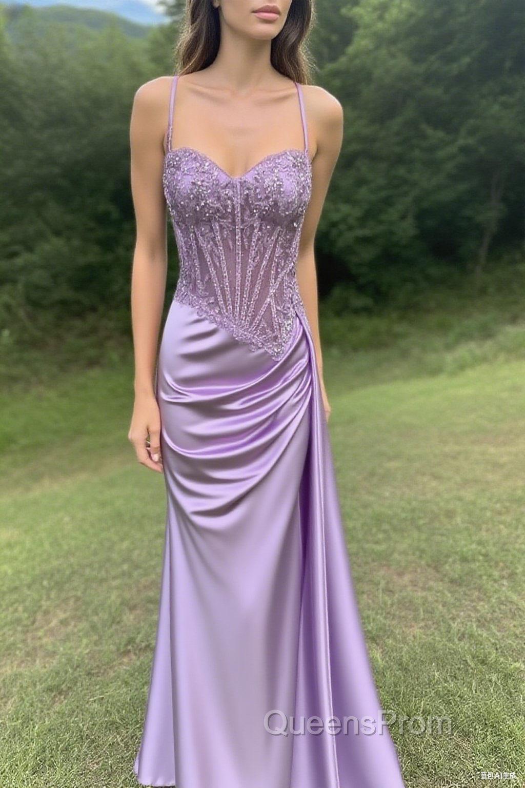 Spaghetti Straps Mermaid Evening Prom Dress Appliqued Corset Evening Prom Dress With Split