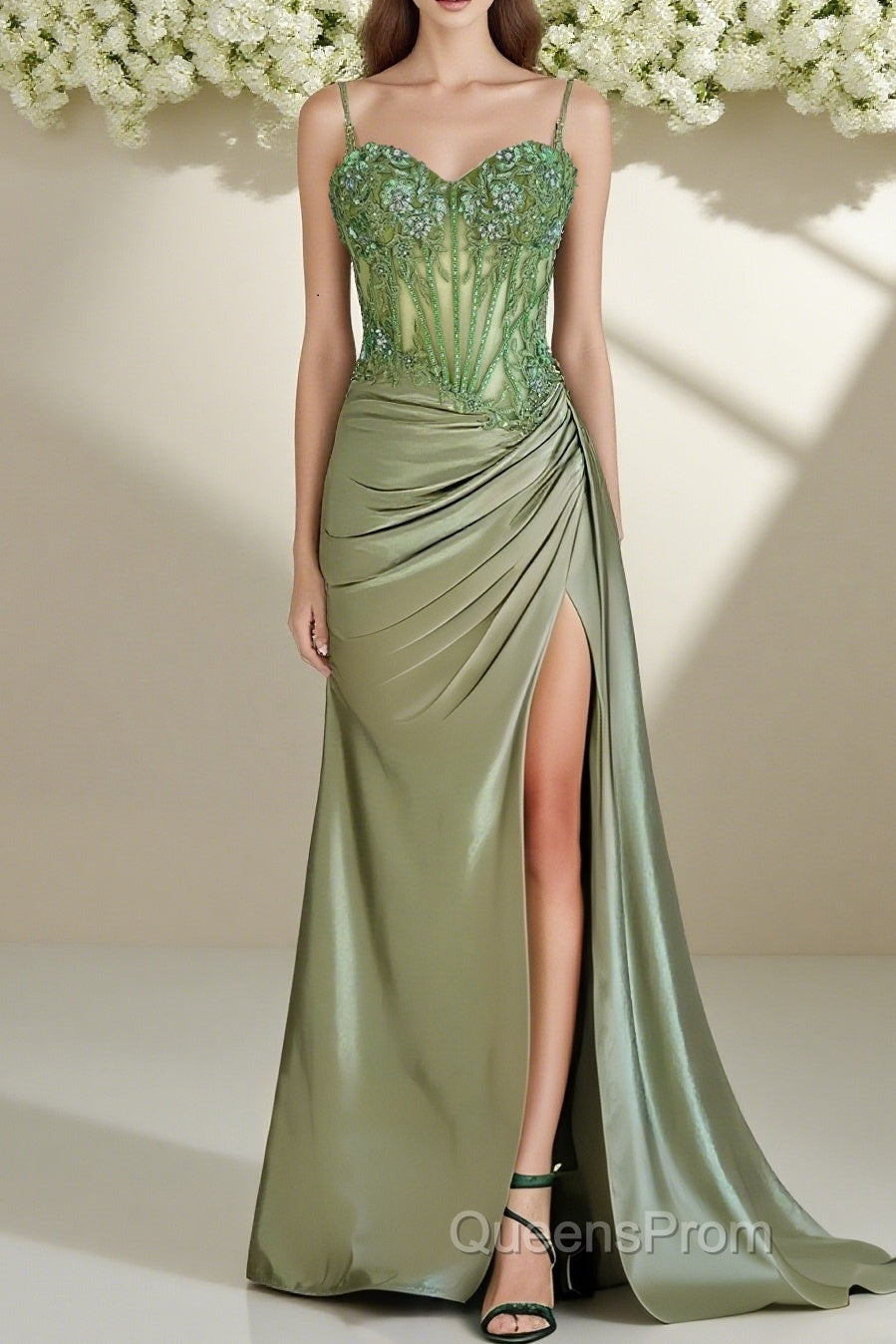 Spaghetti Straps Mermaid Evening Prom Dress Appliqued Corset Evening Prom Dress With Split Main image