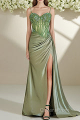 Spaghetti Straps Mermaid Evening Prom Dress Appliqued Corset Evening Prom Dress With Split