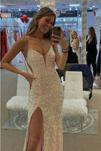 Spaghetti Straps Mermaid Classy Prom Dress, Sparkly Sequins Slit Long Classy Gown
