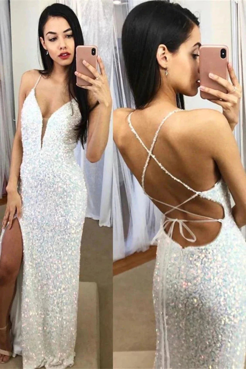 Spaghetti Straps Mermaid Classy Prom Dress, Sparkly Sequins Slit Long Classy Gown