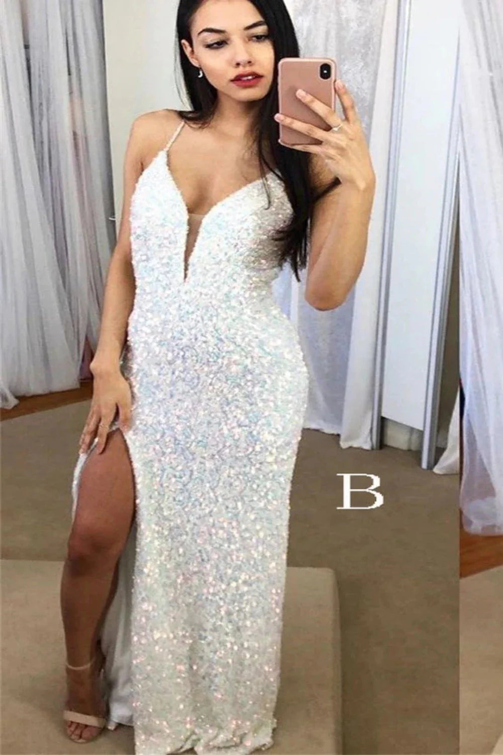Spaghetti Straps Mermaid Classy Prom Dress, Sparkly Sequins Slit Long Classy Gown