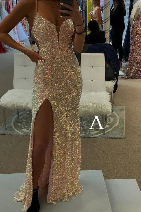 Spaghetti Straps Mermaid Classy Prom Dress, Sparkly Sequins Slit Long Classy Gown Main image