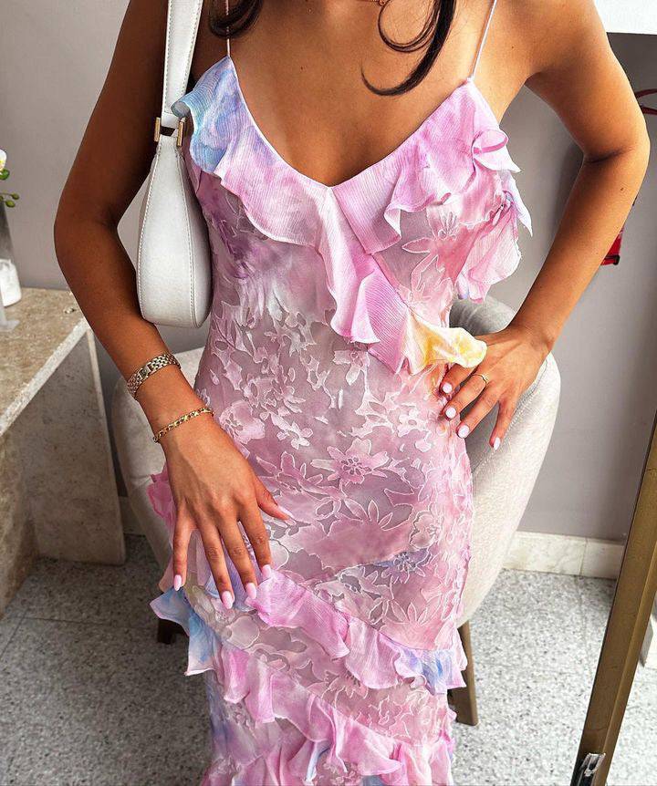 Dreamy Elegant Spaghetti Strap Pink Layered Ruffle Maxi Dress Long Chiffon Evening Gown Prom Dress Secondary image