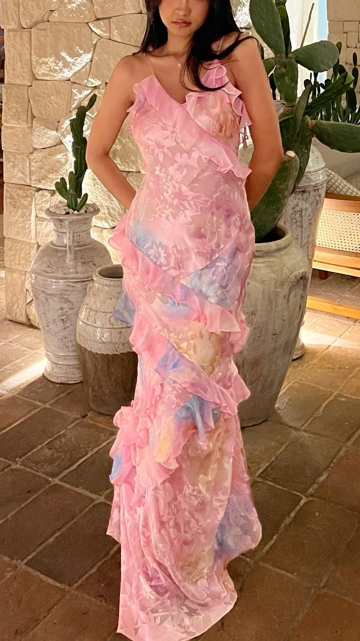 Dreamy Elegant Spaghetti Strap Pink Layered Ruffle Maxi Dress Long Chiffon Evening Gown Prom Dress