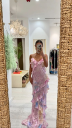 Dreamy Elegant Spaghetti Strap Pink Layered Ruffle Maxi Dress Long Chiffon Evening Gown Prom Dress