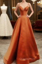 Spaghetti Straps Evening Prom Dress Long Satin V Neck