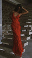 Spaghetti Straps Red Long Classy Prom Dress,Ruffles Sheath Classy Evening Classy Gown