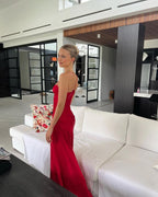 Spaghetti Straps Red Sheath Long Classy Prom Dress With Slit