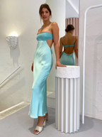 Spaghetti Straps Sheath Light Blue Classy Prom Dress Classy Satin Party Dress