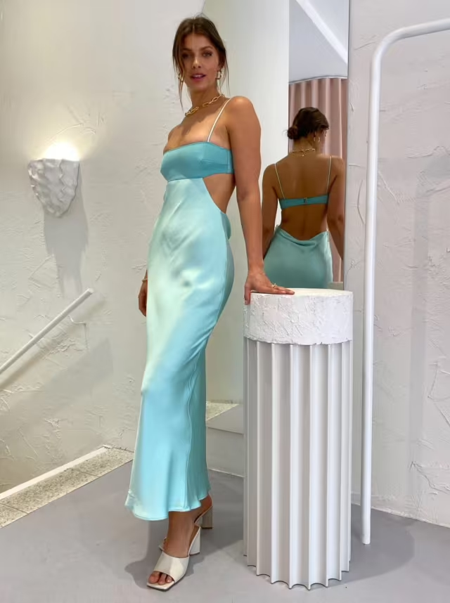 Spaghetti Straps Sheath Light Blue Classy Prom Dress Classy Satin Party Dress