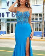 Blue Spaghetti Strap Gorgeous Exquisite Beaded Bodycon Long Satin High Slit Ball Gown Classy Evening Dress