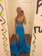 Blue Spaghetti Strap Gorgeous Exquisite Beaded Bodycon Long Satin High Slit Ball Gown Classy Evening Dress
