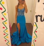 Blue Spaghetti Strap Gorgeous Exquisite Beaded Bodycon Long Satin High Slit Ball Gown Classy Evening Dress
